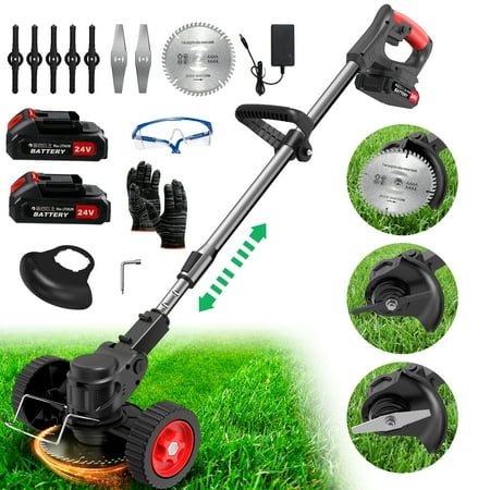 TNTANTS Electric Weed Wacker  Cordless String Trimmer with Wheels 2Pcs 24V Batteries  3 Types of Blades  Adjustable Length  Lightweight Weed Eater Grass Trimmer/Edger/Brush Cutter for Lawn Yard Garden