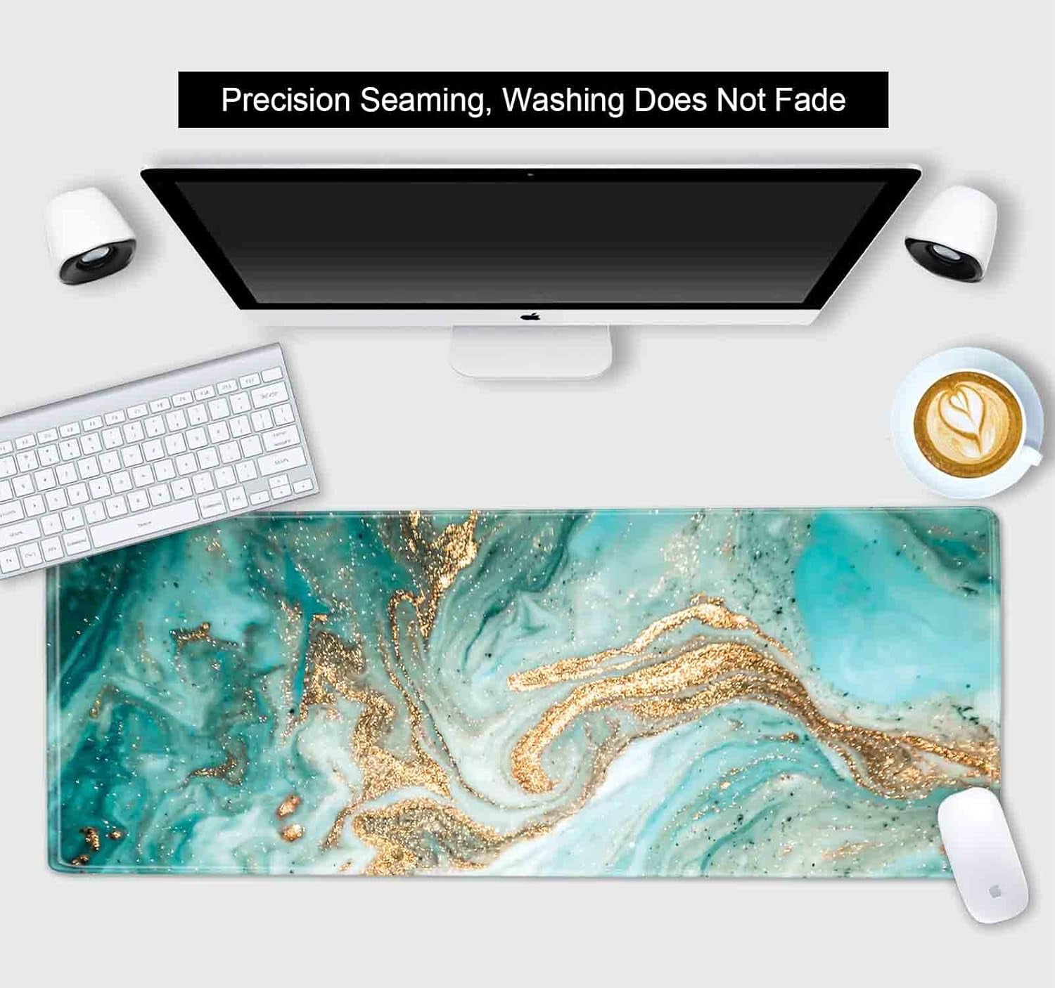 Modern Teal Green & Gold Marble Texture Art Mouse Pad - 31.5x11.8 Inch, Extended Gaming Mousepad with Stitched Edges, Rubber Base, Ideal for Work, Office, Home