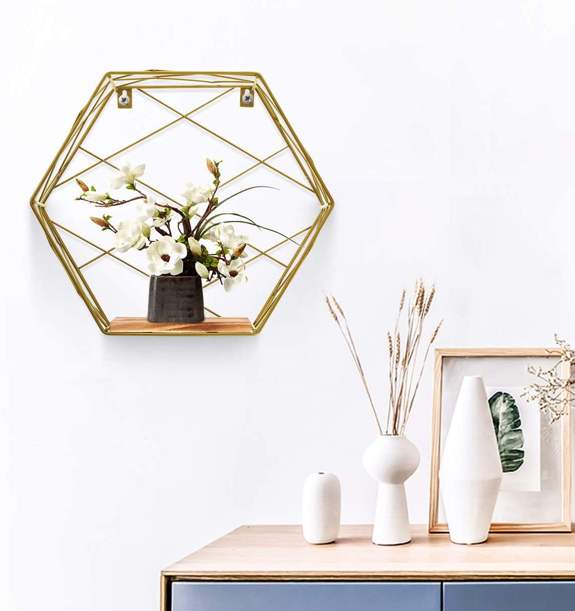Nordic Style Black/Gold Mirrored Hexagon Double Shelf Wall Decoration Metal 