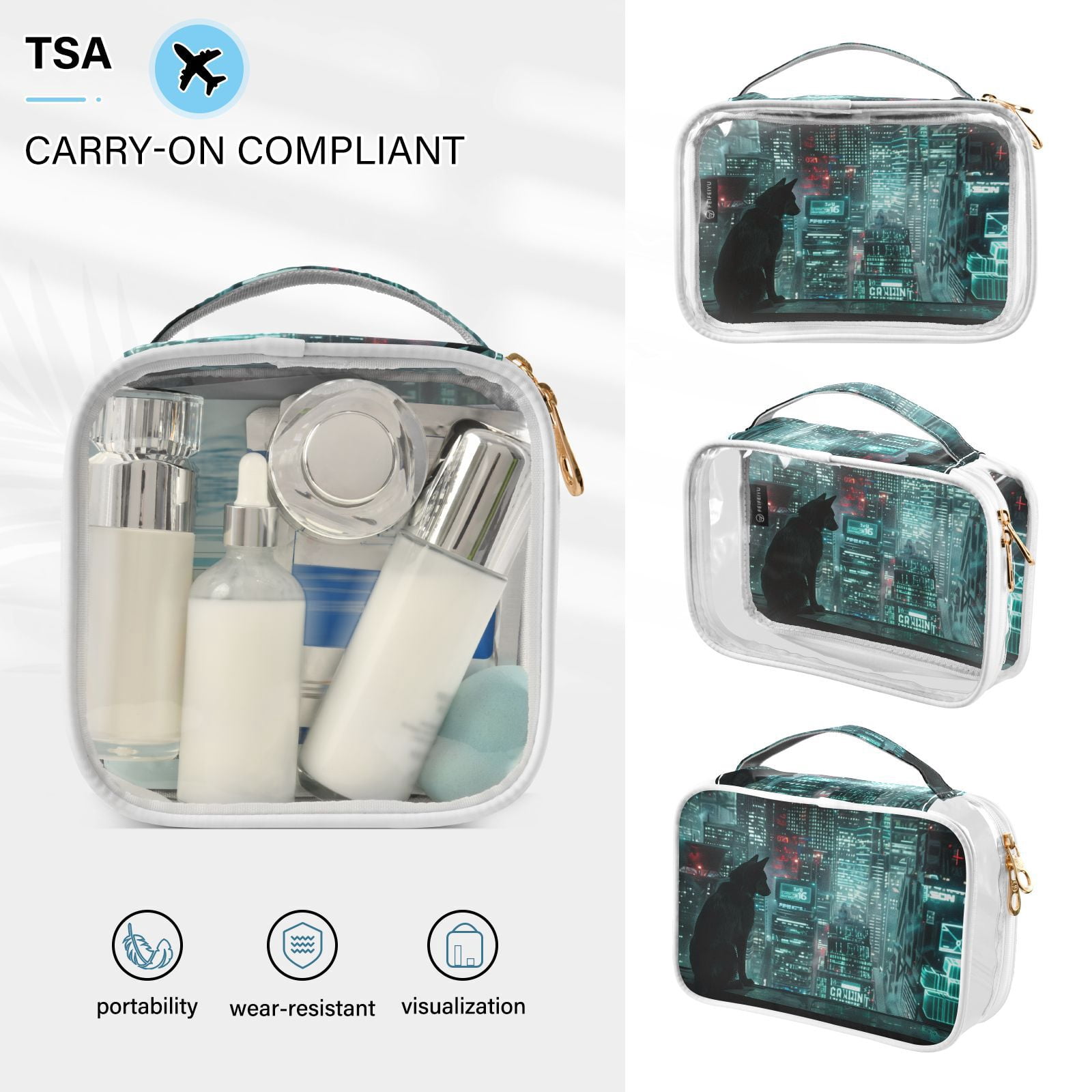 Clear Makeup Bags with Handle Large Opening 2 Pack Set Toiletry Bag Quart Size Bag, for Women Man Traveling Travel Essentials, Toiletries and Other. Cat Graphic