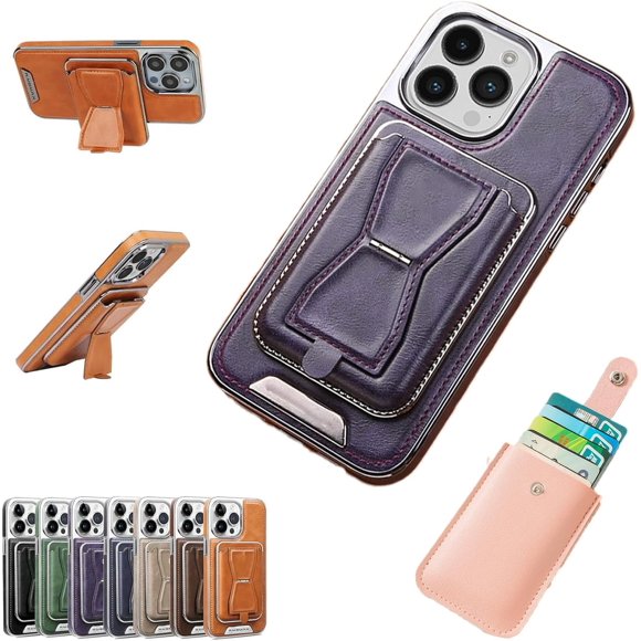 Symmetry Luxury Leather for iPhone Case with Removable Magnetic Tape, Leather Card Holder Phone Case, Phone Case with Card Holder (Purple,12ProMax)