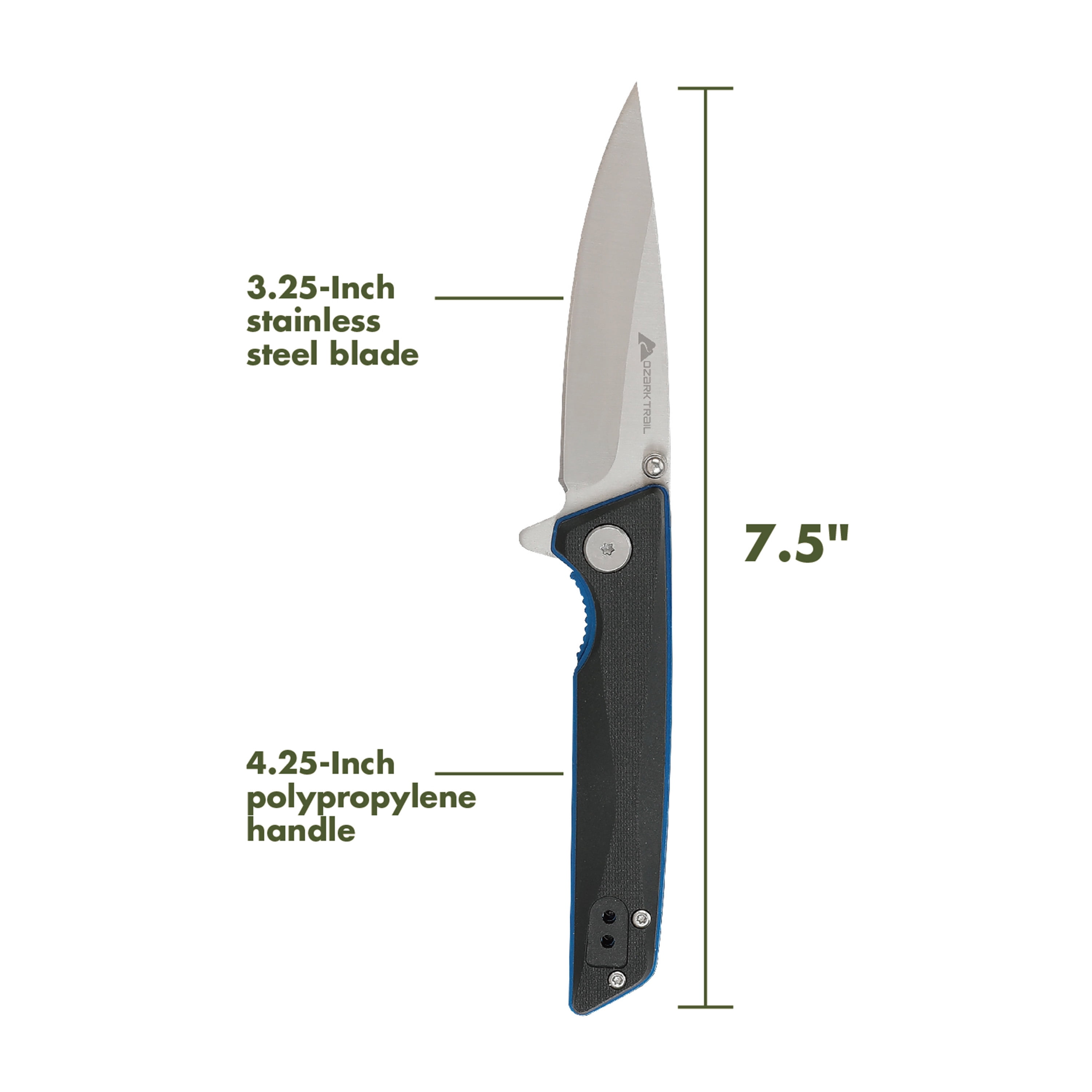 Ozark Trail Thunderhead Folding Knife, Black Handle with Blue Liners, 7.5 in
