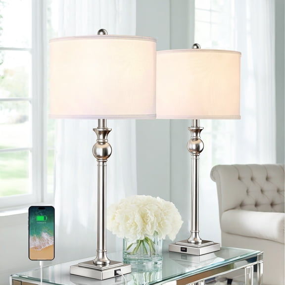 Maxax Nickel Table Lamps Set of 2, 28.5" Industrial Living Room Lamps with USB Ports, Modern Metal Bedroom Lamps.