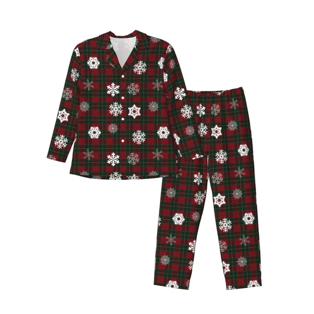 Fotbe Plaid Snowflakes Festive Pijama de Hombre con Estampado de Manga Larga, Conjunto de 2 Piezas, Ropa de Dormir Suave y Cómoda con Bolsillos-Medium