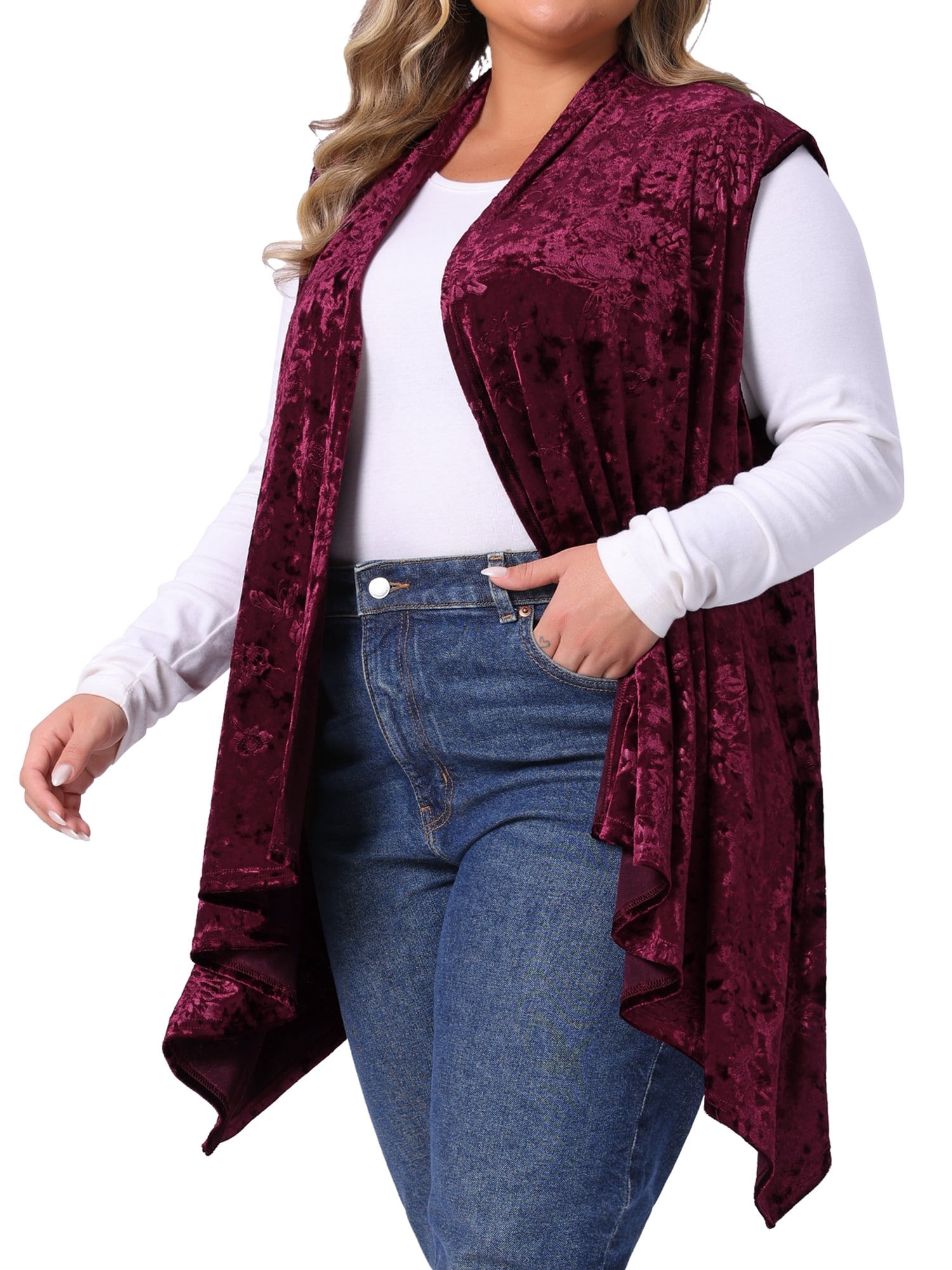 DARING DIVA Women's Plus Size Velvet High Low Hem Open Front Cardigan Vest 1X Burgundy