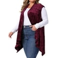 thumbnail image 2 of DARING DIVA Women's Plus Size Velvet High Low Hem Open Front Cardigan Vest 1X Burgundy, 2 of 5