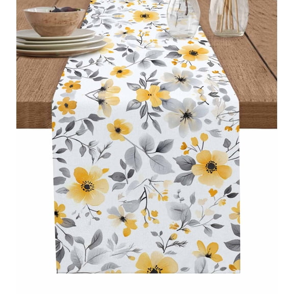 Yellow Floral Spring Table Runner 108 Inches, Elegant Summer Botanical Gray Bed Runner Dresser Scarves Tabletop for Indoor Outdoor Parties/Ceremony/Banquet, 13"x 108"