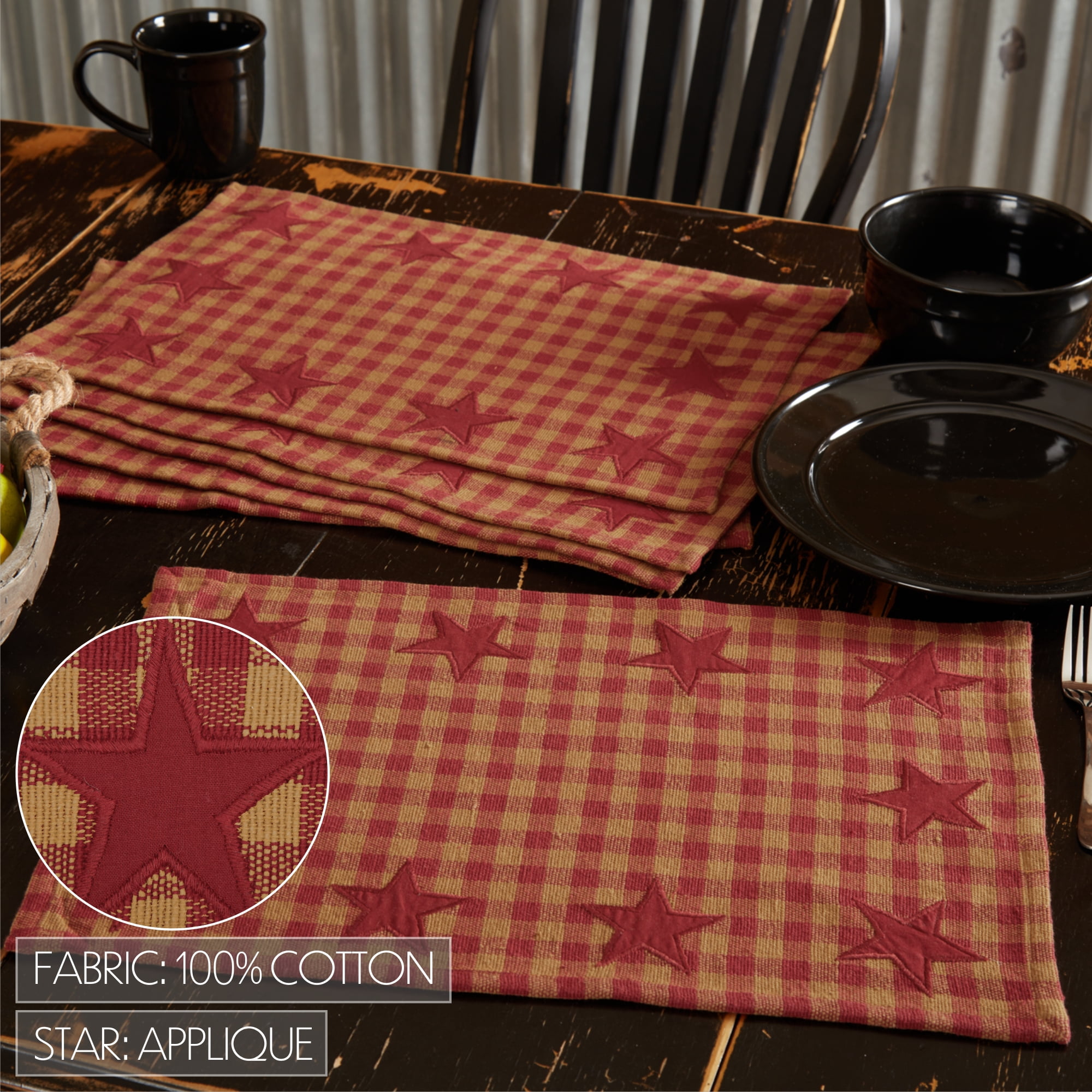 VHC Brands Appliqued Star Rectangle Placemats, Burgundy, 12x18, Set of 6