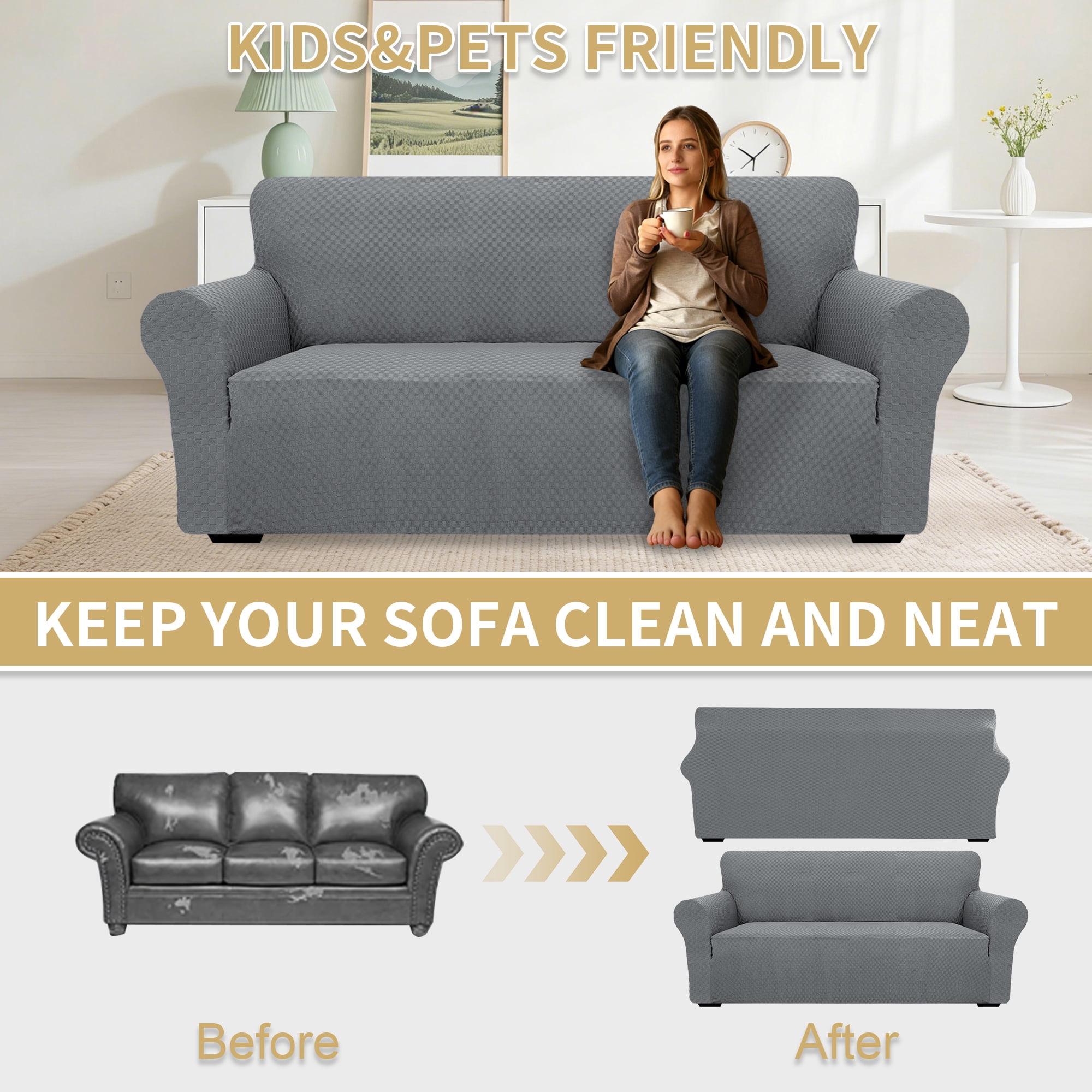 JIATER 1-Piece Sofa Cover Stretch Couch Cover Washable Sofa Slipcover Furniture Protector for 3 Cushion Sofa,Light Gray