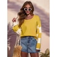 thumbnail image 6 of Womens Casual Checkered Color Block Sweaters Crew Neck Long Sleeve Cropped Knit Pullover Yellow M, 6 of 9