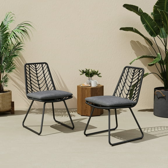 Christopher Knight Home Transitional Outdoor Rattan Dining Chairs, Water-Resistant Cushions, Metal Frame, Gray, Set of 2