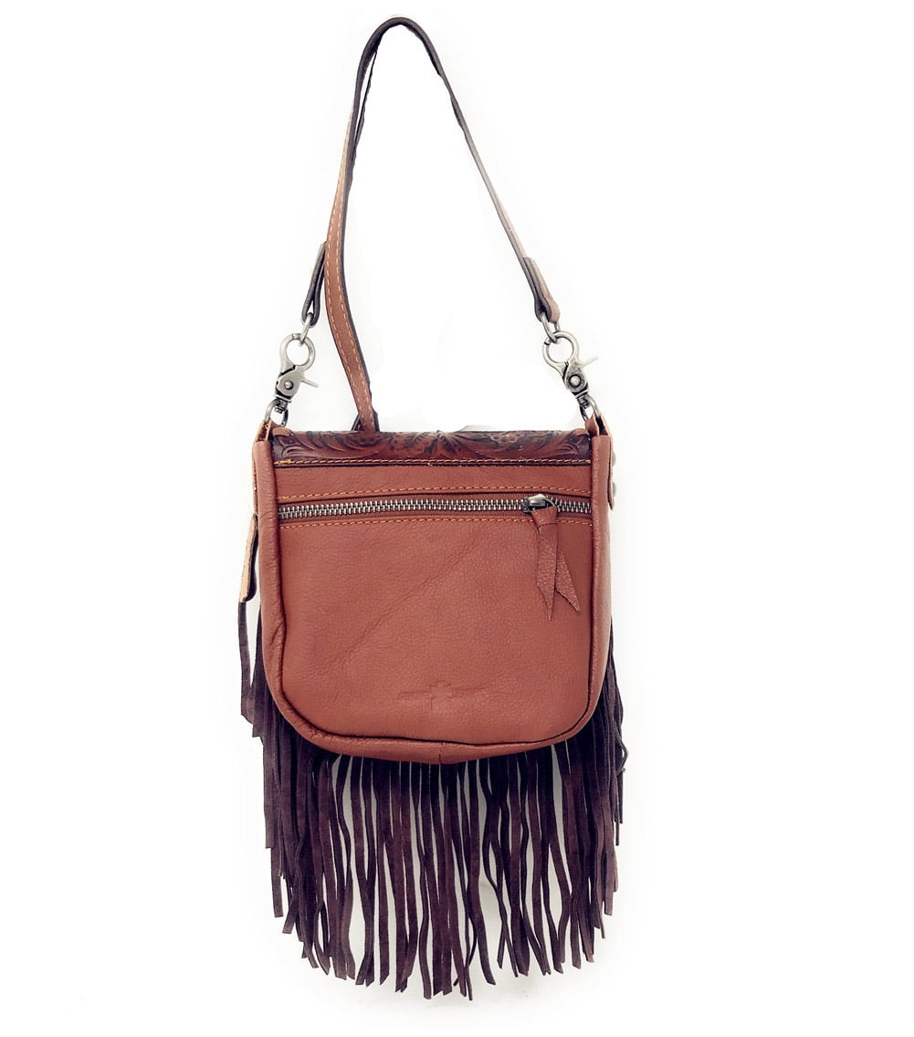 Western Genuine Leather Cowgirl Crossbody Messenger Fringe Laser Cut Purse Bag