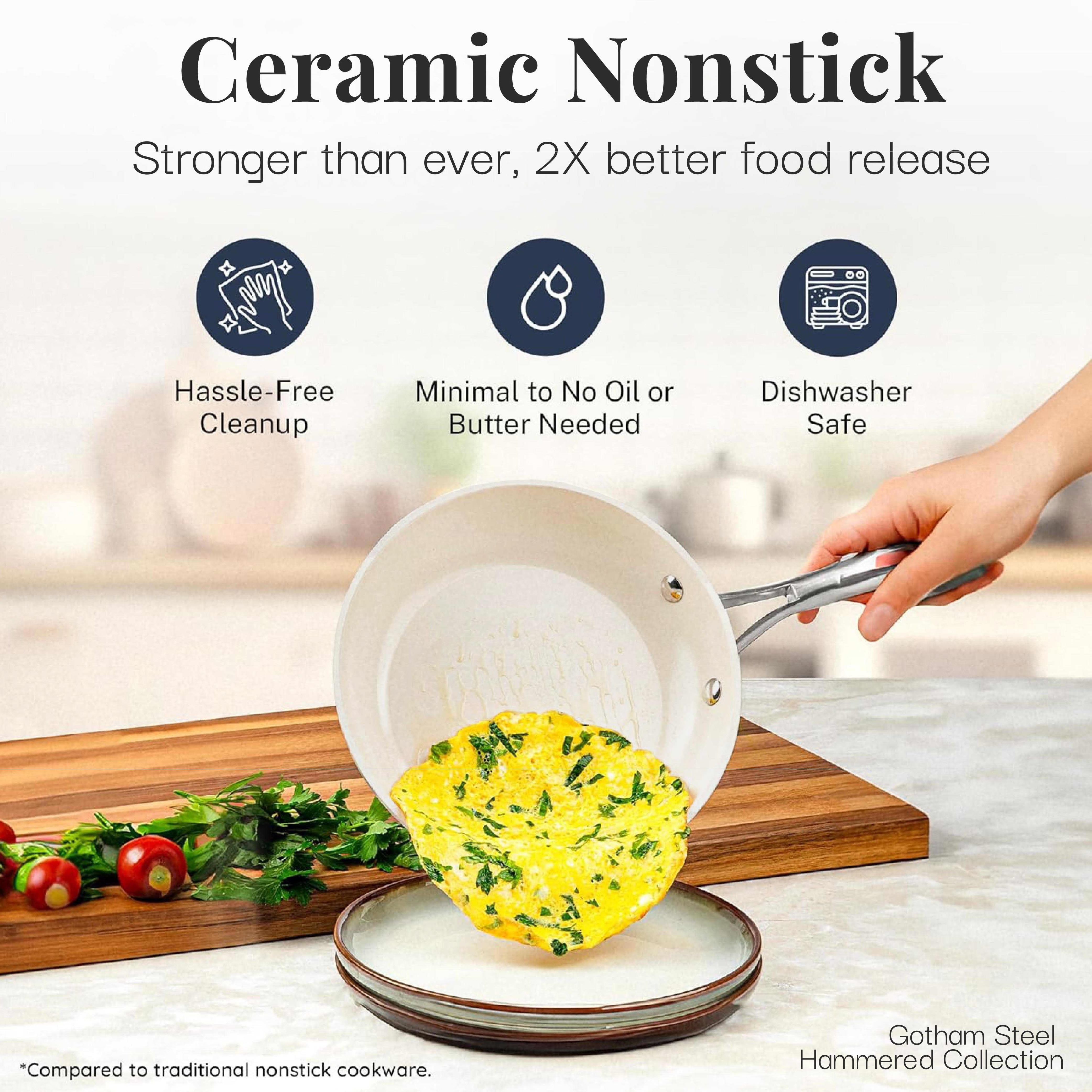 Gotham Steel Hammered 4 Quart Ceramic Frying Pan Non Stick with Lid, Nonstick Sauce Pan, Jumbo Cooker Cooking Pan Sauté Pan, Ceramic Family Pan, Frying Pans Nonstick with Lid, Cream