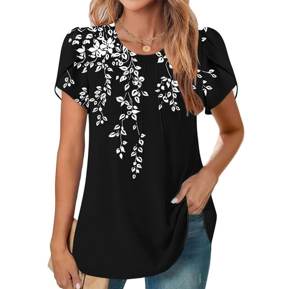 Fengqque 2025 Women's New Round Neck Pleated Tunic Top Curved Hem Printed Blouse