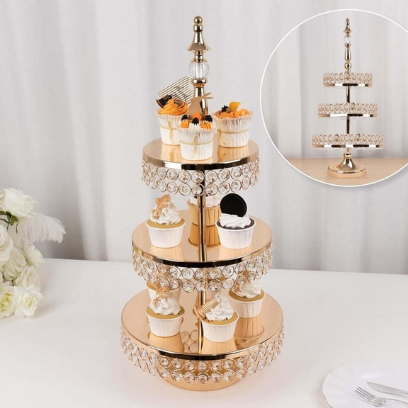 Efavormart 3-Tier Crystal Beaded Gold Metal Cake Stand, Cupcake Tower Dessert Display Stand with Round Mirror Top - 26" Tall