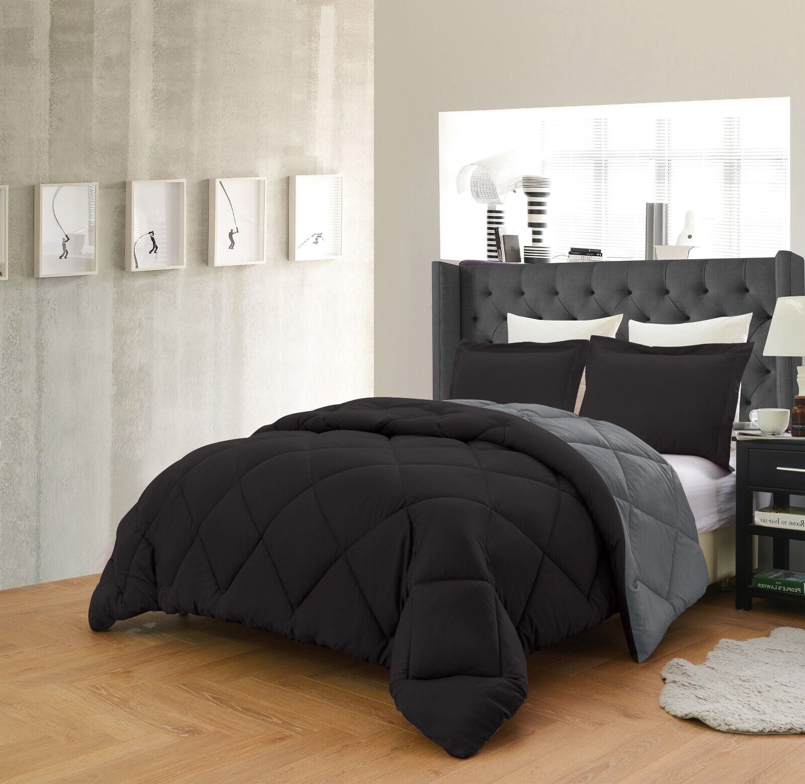 Reversible Comforter and Pillow Shams 3-Piece Set In All Colors - Down Alternative