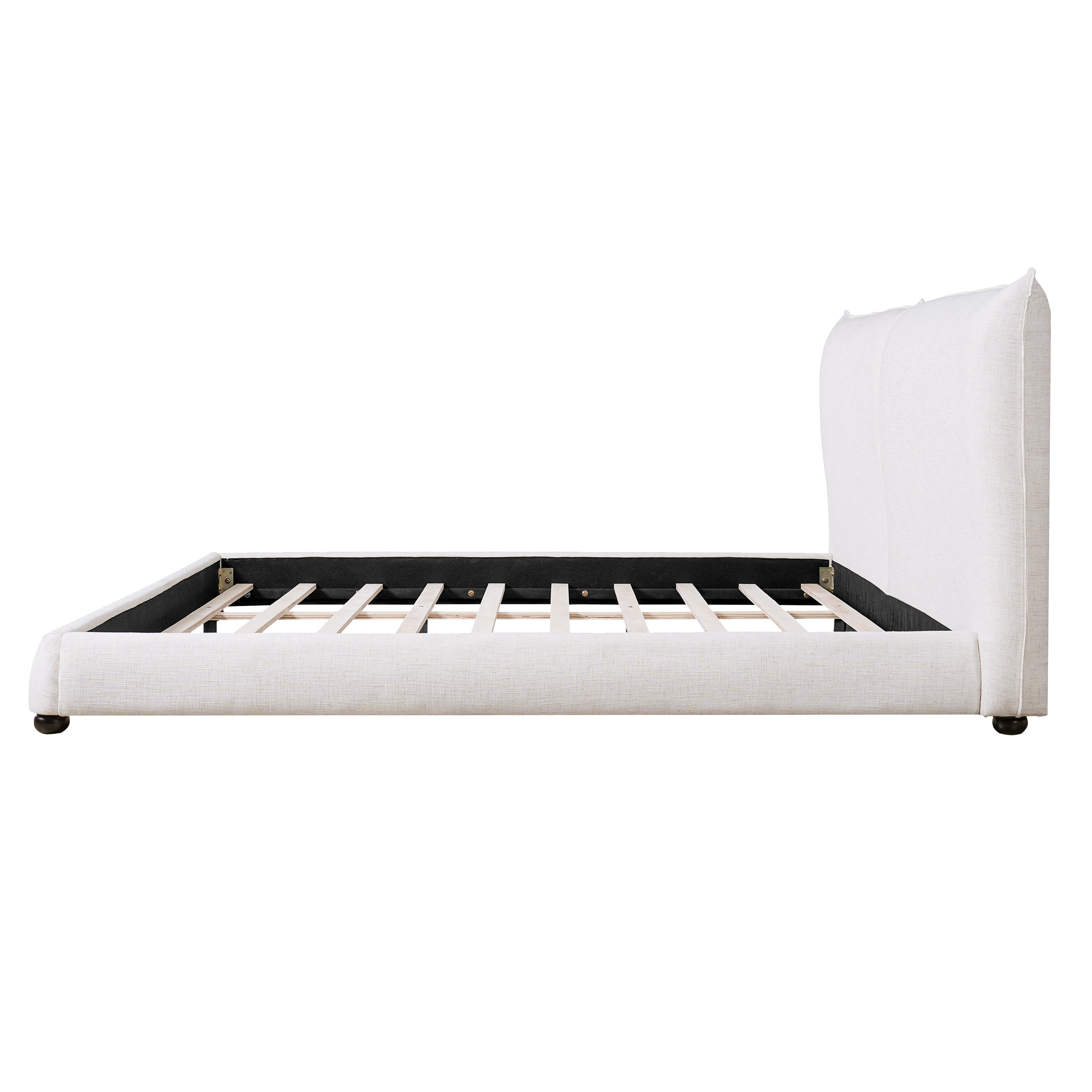 King Size Upholstered Platform Bed With Linen Fabric Pillow-Back Headboard, White