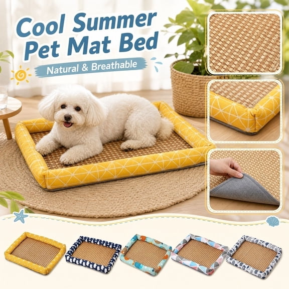 Rattan Cooling Pet Bed, Medium Dog Bed Washable, Dog Bed Washable Cover, Pet Cooling Pad, Printed Fish Pattern Bolster Rim Square Rattan Summer Pet Nest Heat-Dissipating Lounger for Hot
