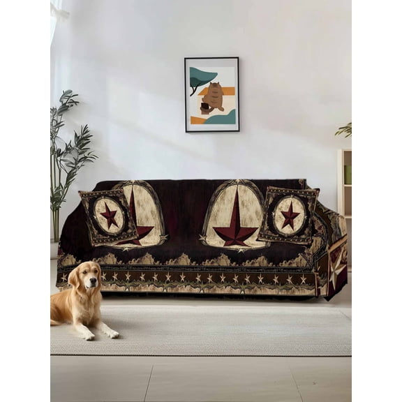 Western Stars Brown Couch Cover, Farmhouse Country Vintage Wood Grain Sofa Cover Blanket for 1 Seat Cushion, Sectional Sofa Slipcover Furniture Protector for Living Room Bedroom 71''x91''