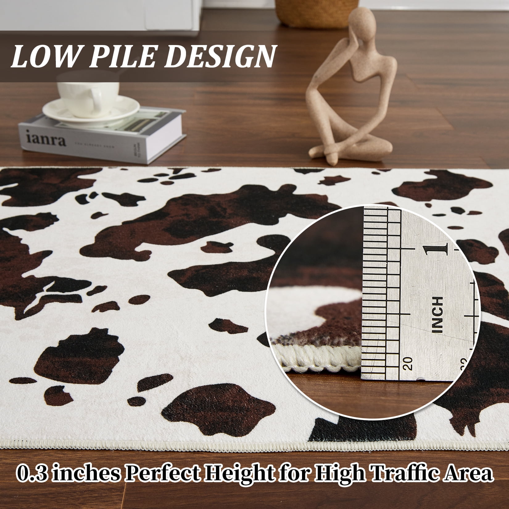Tzou Cow Print Area Rugs 10' x 13' – Modern Washable Low Pile Throw Rug with Non-Slip Backing, Stain-Resistant Soft Floor Carpet for Living Room, Bedroom, Kitchen (Machine Washable)