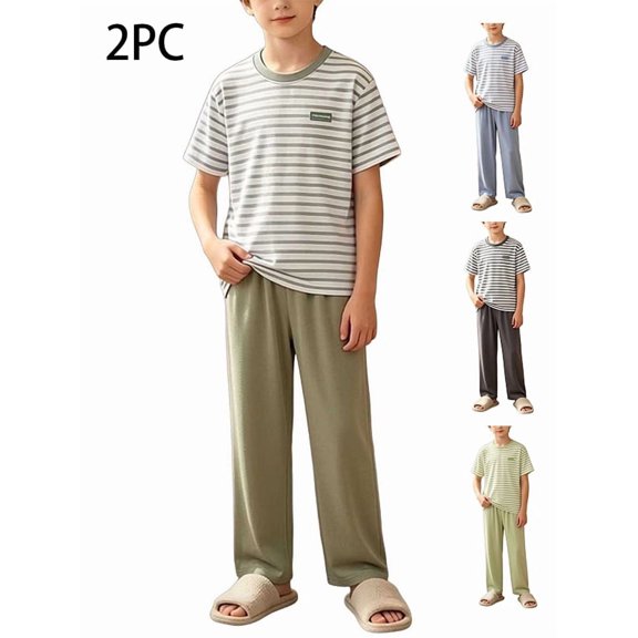 Zefriona Boys Girls 2PC Striped Pants Sets Size 3-15 Soft Breathable Fabric Striped Round Neck Top Elastic Waist Pants Home Casual & Lounge Wear Size 3T