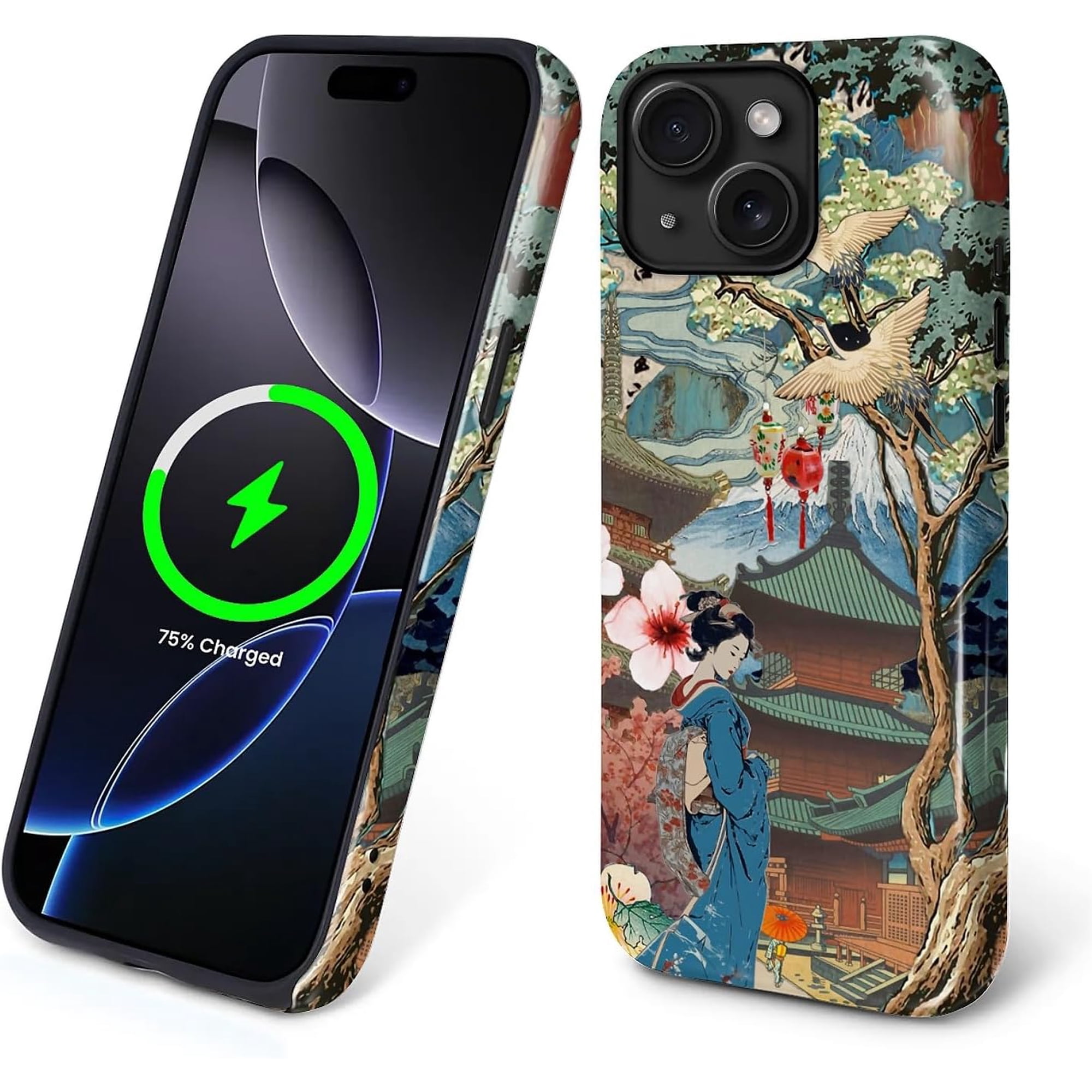 Magnetic Case for iPhone 13 iPhone 14, Compatible with Magsafe, PC Hard Shell Silicone Inner Bumper, Anti-Scratch Full-Body Cover Shockproof Slim Fit for Case - Japanese Sakura Crane Woman