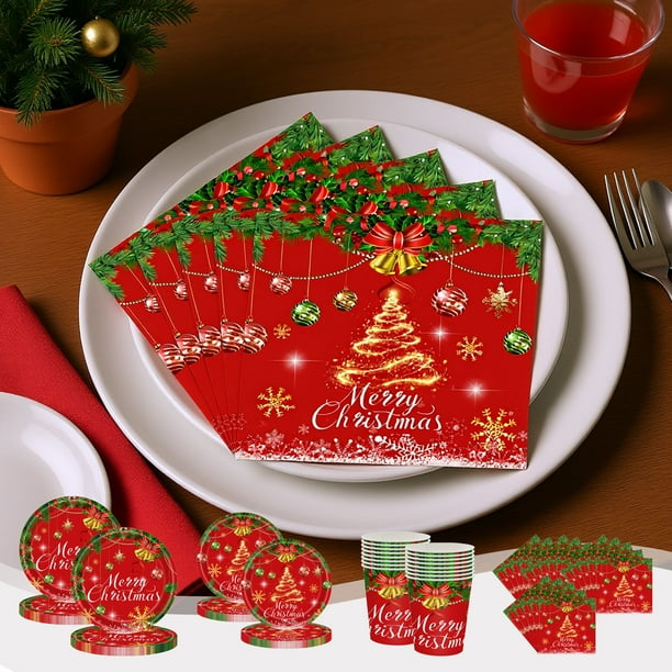 Paquete de 20 Artículos para Fiestas Navideñas, Vajilla de Papel Desechable para Navidad, Platos de Papel Rojos