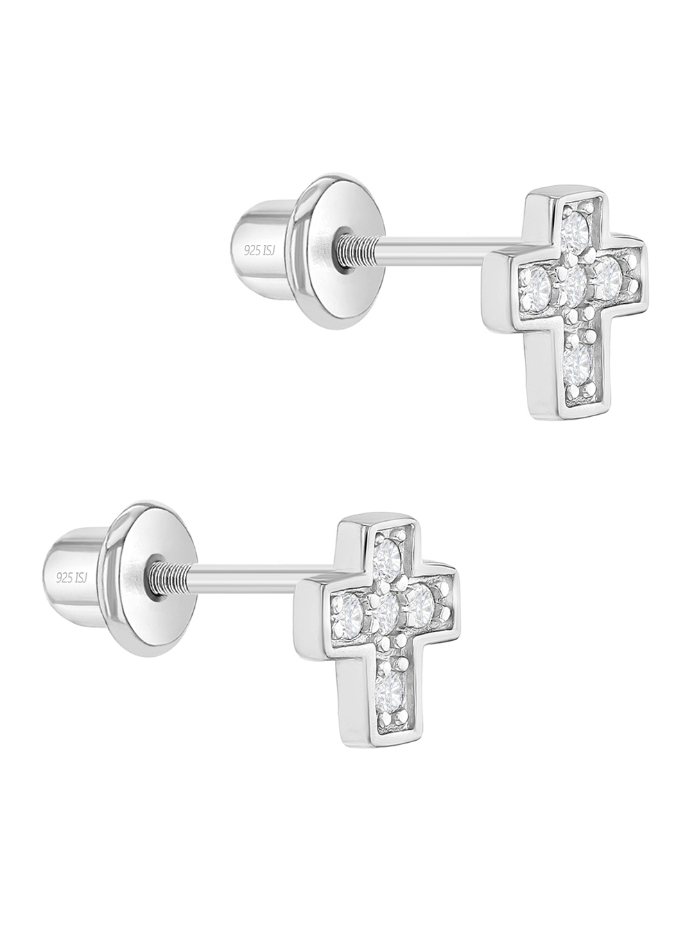 925 Sterling Silver CZ Little Cross Screw Back Earrings Toddlers Young Girls