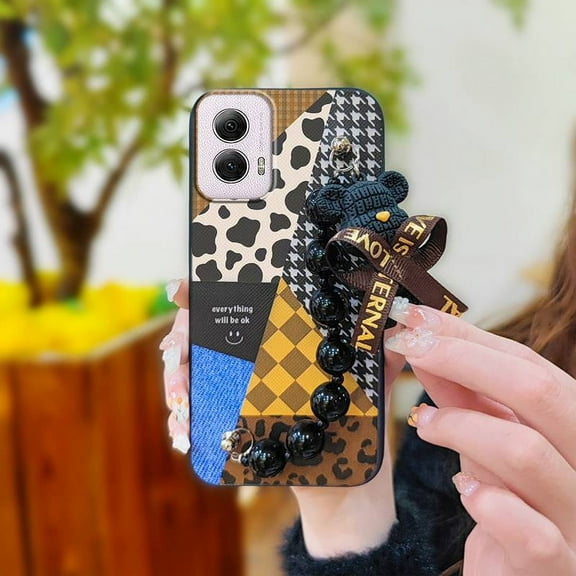 JNG-Phone Case For MOTO G Power 5G 2024, Dirt-resistant Back Cover Skin-friendly feel Black pearl pendant Cartoon Anti-knock soft case protective case Simplicity Bear bracelet silicone