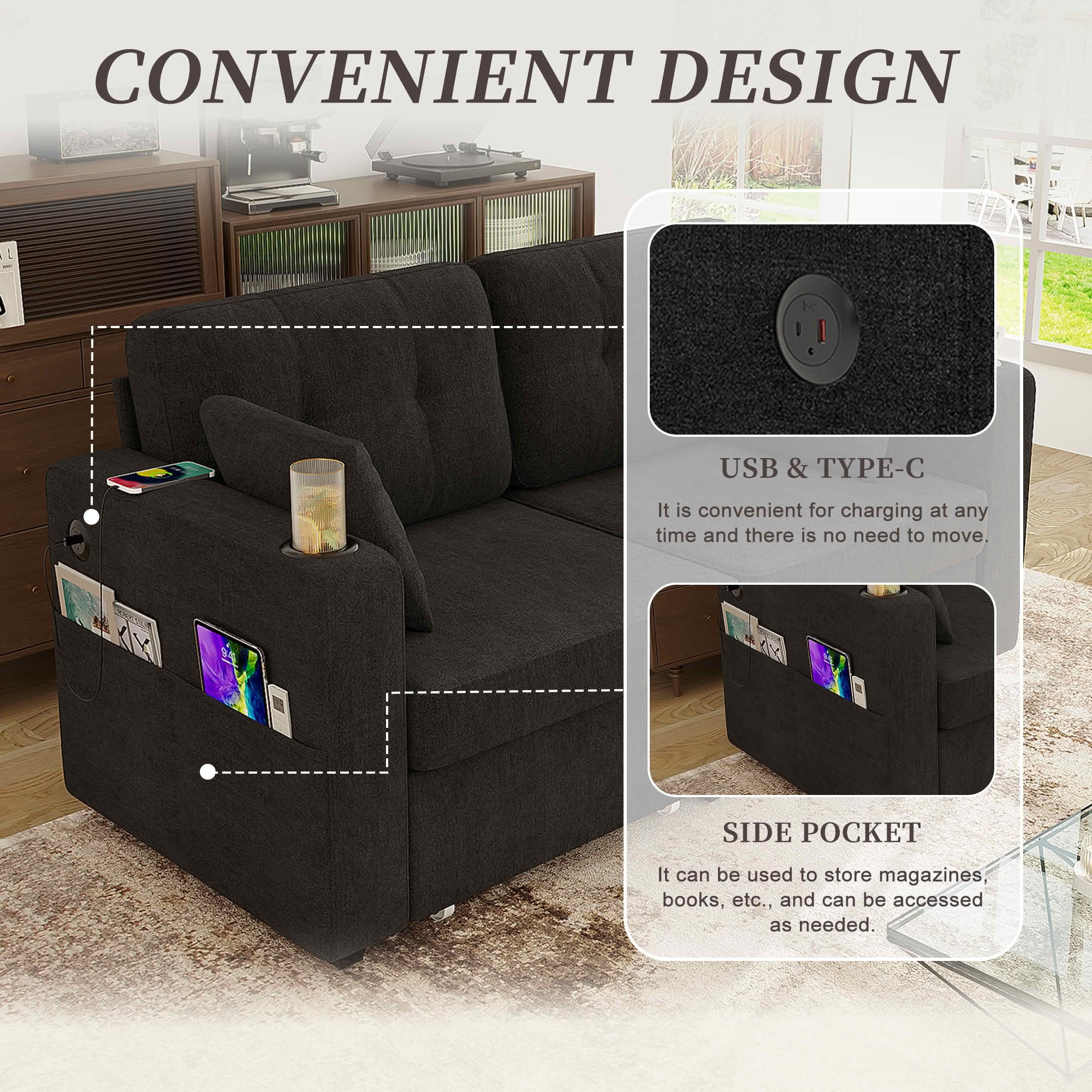 MAYEERTY Modern 3-Seat Chenille Sofa, Wood Frame Sectional Couch with USB Charging, Cup Holder & Storage Function for Home Small Space Living Room