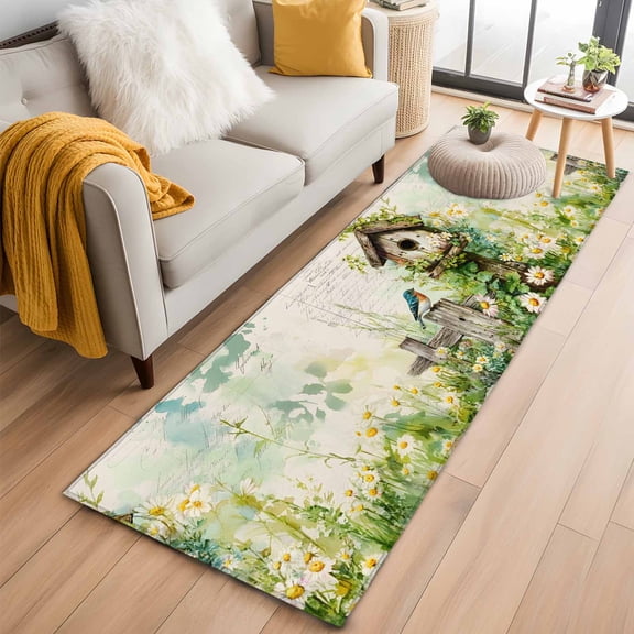 Spring Floral 2'x6' Runner Rugs for Hallway Kitchen Bedside Non Slip Washable, Birds Cabin Daisy Watercolor Botanical Entryway Rug Runners with Rubber Backing, Long Carpet Runner for Laundry Room