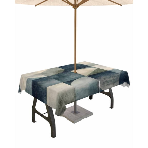 Fsddascl Navy Blue Geometric Outdoor Tablecloth - 52x70 Inch Rectangle Dining Table Cover, Grey Modern Abstract Art Waterproof Outdoor Table Cloth with Umbrella Hole & Zipper for Picnic/Patio/Party