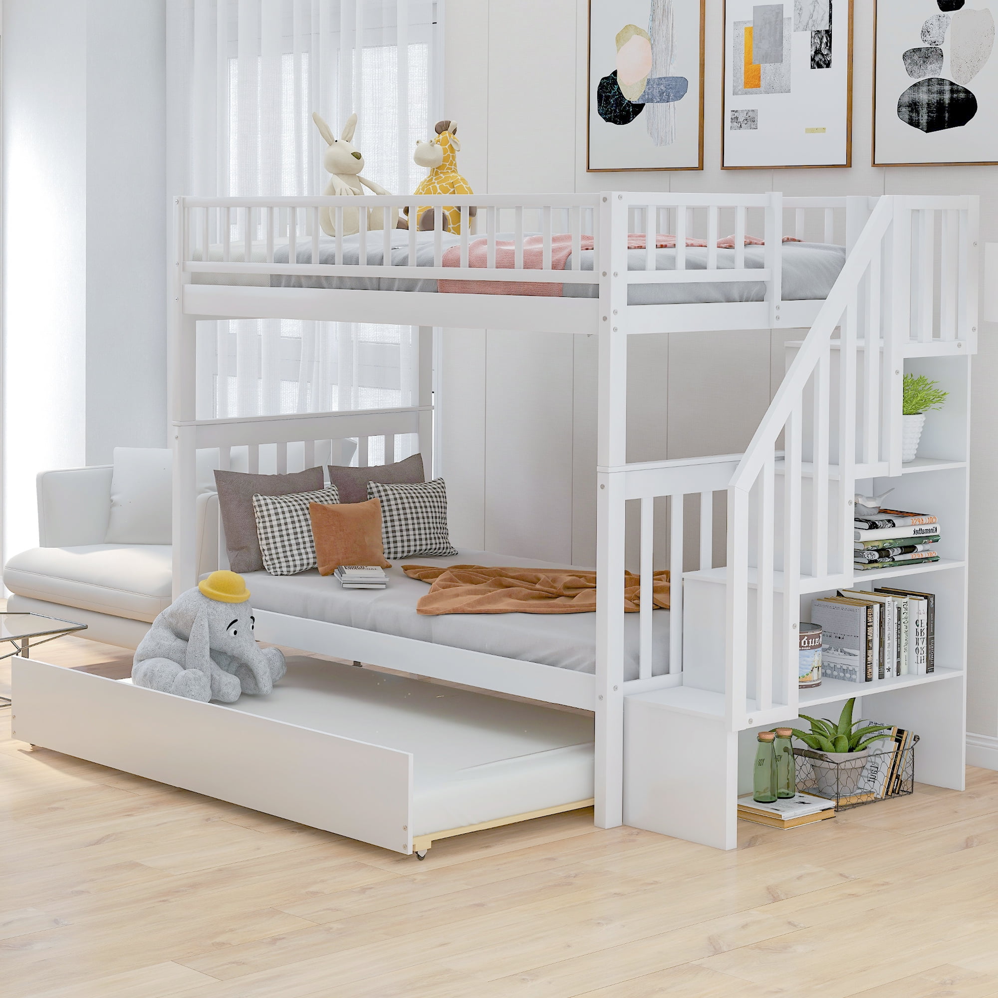 Details about   76" Twin over Full Stairway Bunk Bed with Trundle White 