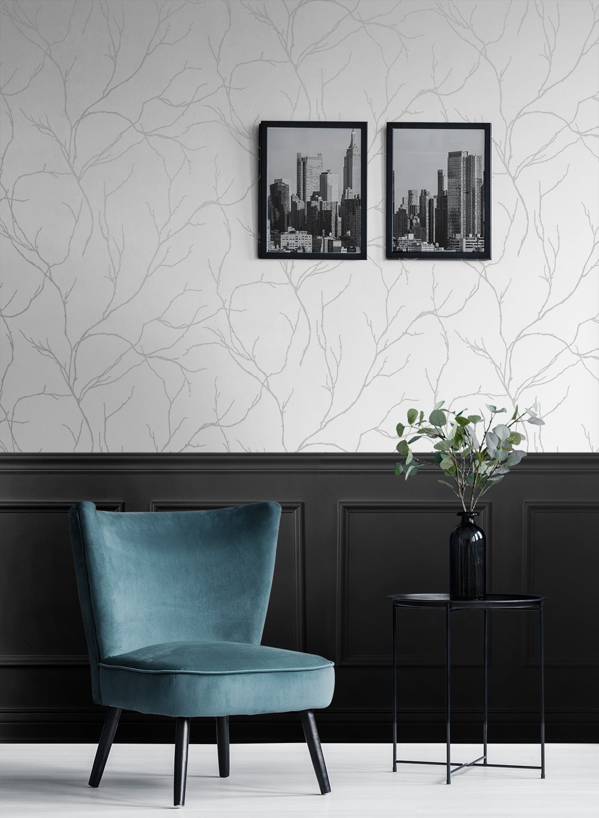 NextWall Metallic Silver Delicate Branches Peel and Stick Wallpaper