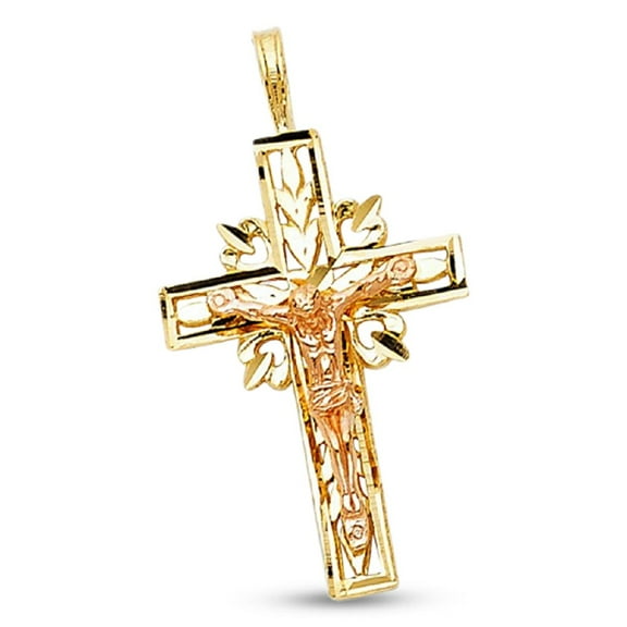 Crucifix Charm Solid 14k Yellow Rose Gold Jesus Cross Pendant Diamond Cut Two Tone 24 x 15 mm