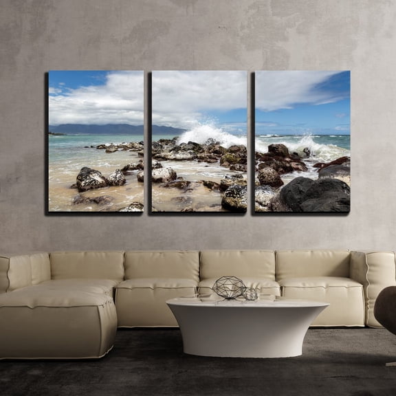 wall26 - 3 Piece Canvas Wall Art - Landscape with Rocks and Waves by The Seashore - Modern Home Art Stretched and Framed Ready to Hang - 24"x36"x3 Panels