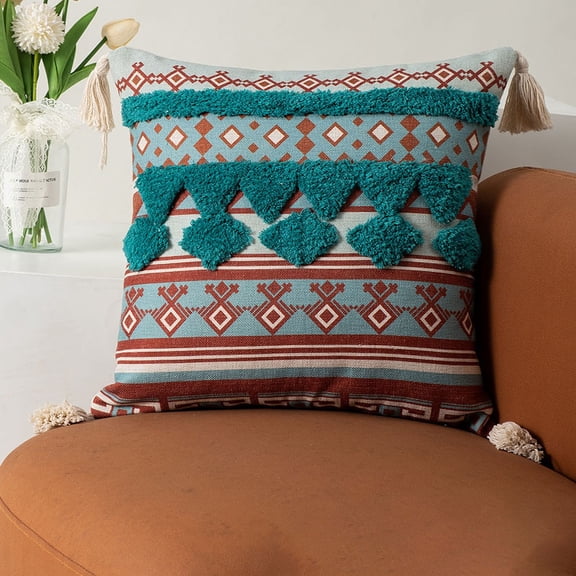 ERDOUY Boho Tufted Decorative Throw Pillow Cover, Cozy Bohemian Cotton Canvas Cushion Cover Tassels Pillow Case Home Decor 17"X 17",Blue Red