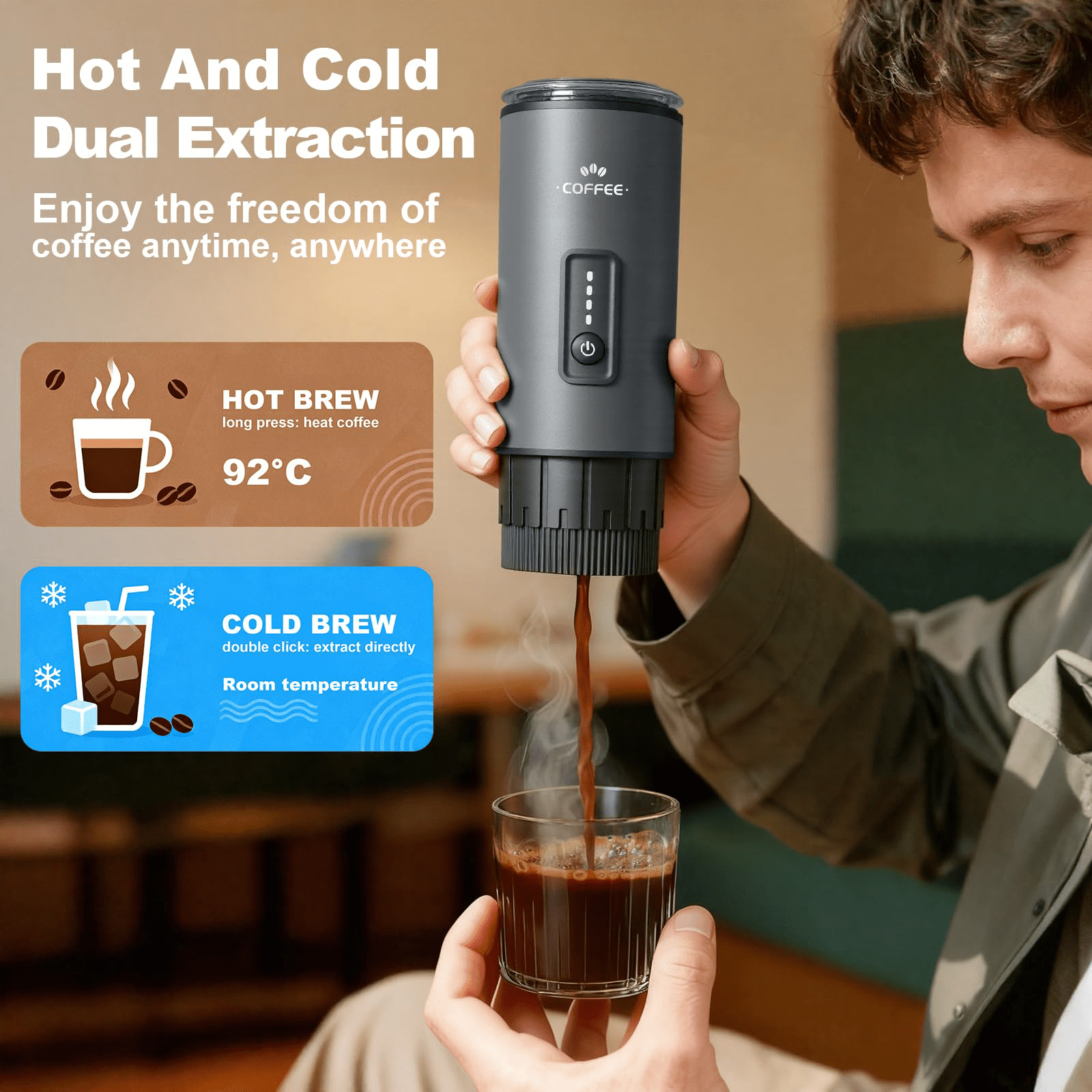 GVODE Portable Espresso Machine, Self-Heating 3-in-1 Portable Coffee Maker, 20 Bar Electric Travel Espresso Maker for Capsules & Ground Coffee, Gray