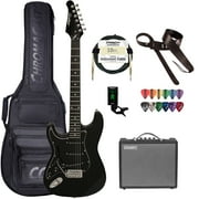 Sawtooth Left-Handed ES Series Electric Guitar Travel Bundle with Portable 10-Watt Amp, ChromaCast Pro Series Bag, Cable, Tuner & Picks, Black with Black Pickguard