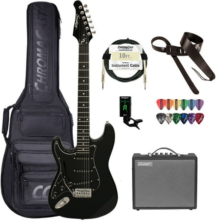 Sawtooth Left-Handed ES Series Electric Guitar Travel Bundle with Portable 10-Watt Amp, ChromaCast Pro Series Bag, Cable, Tuner & Picks, Black with Black Pickguard