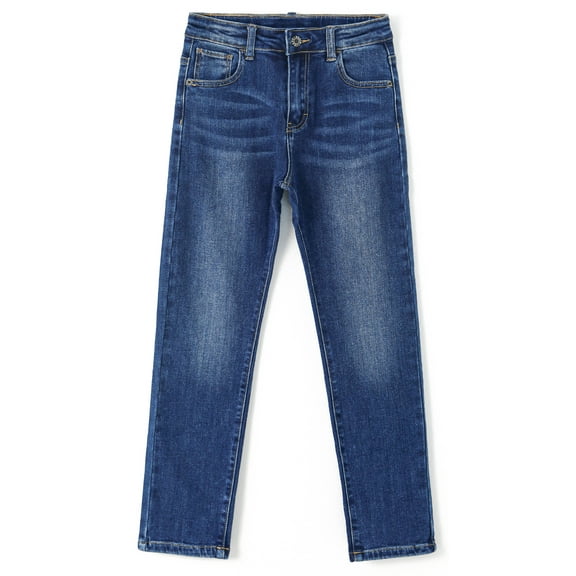 KIDSCOOL SPACE Big Boys Jeans,Elastic Band Inside Simple Desgin Stretchy Denim Pants,Deep Blue,8-9 Years