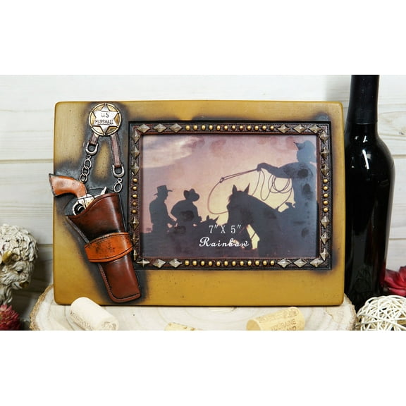 Western US Marshall Badge With Revolver Pistol In Holster Photo Picture Frame
