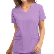 Summer Savings Clearance RKSTN Women's Working Uniform Top V-Neck Short Sleeve Scrubs Top Solid Color With Fours Pockets Blouse