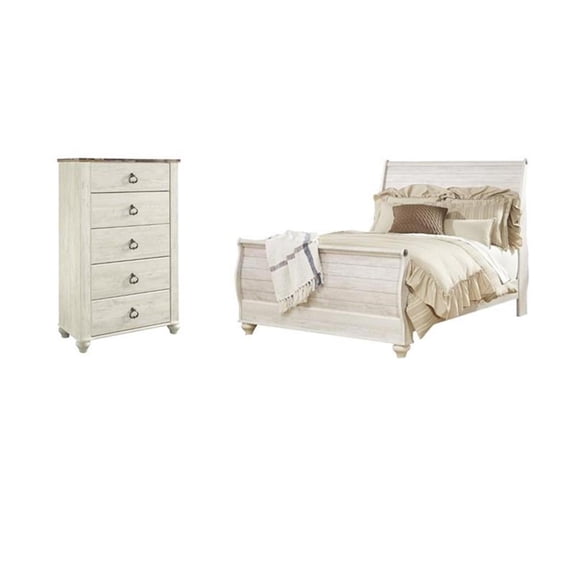 Pemberly Row Set of 2 Queen Sleigh Bed in Whitewash & 5-Drawer Chest in White