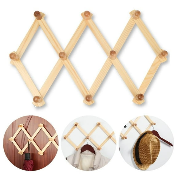 Trianu Accordion Wall Hanger, Expandable Coat Rack Wall Mount with 10 Pegs, Wood Hat Rack for Wall, Natural Wood Color