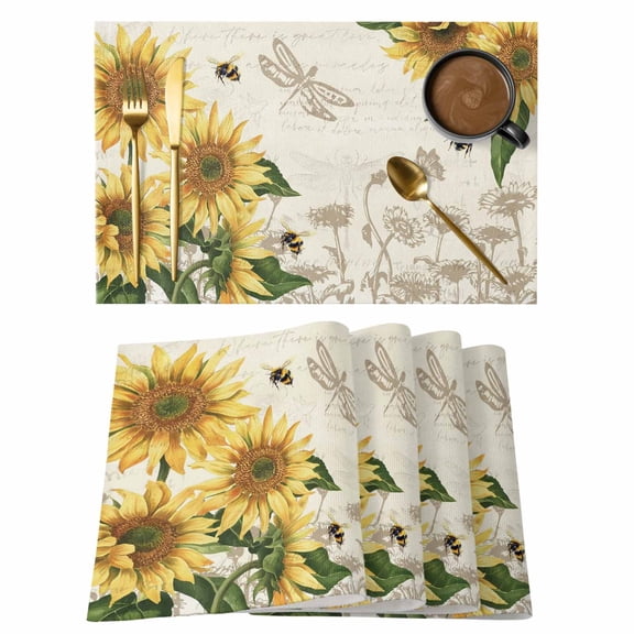 Sunflowers Placemats Set of 6, Farmhouse Retro Butterfly Beige Yellow Placemats for Dining Table, Place Mats for Kitchen Tabletop, Waterproof Wipeable Dining Table Mats Set