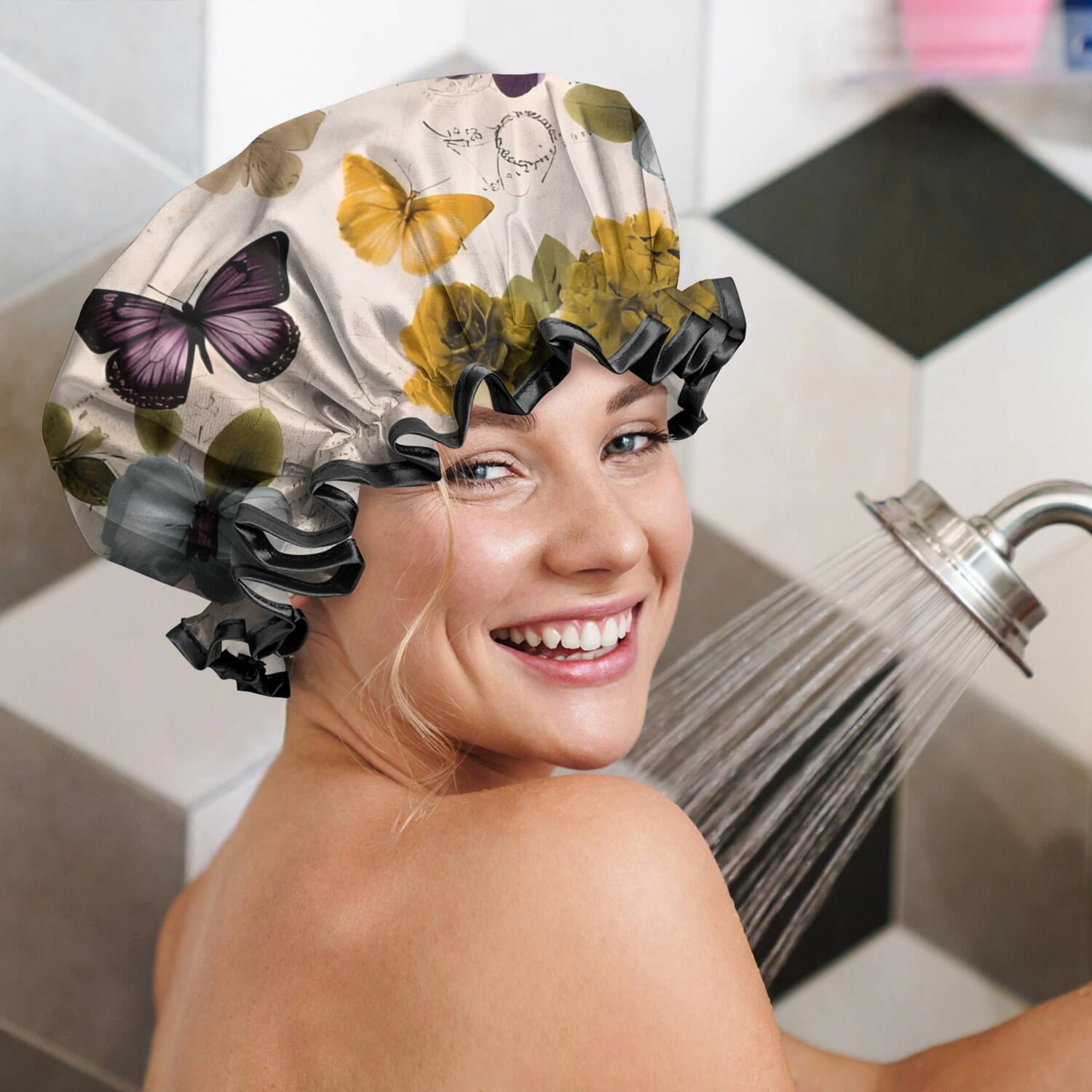 Shower Caps,Vintage Butterfly Flower Pattern Waterproof Shower Cap for Women 4 Pieces,Double Reusable Hair Cover for Shower PEVA Elastic Stretch Hem