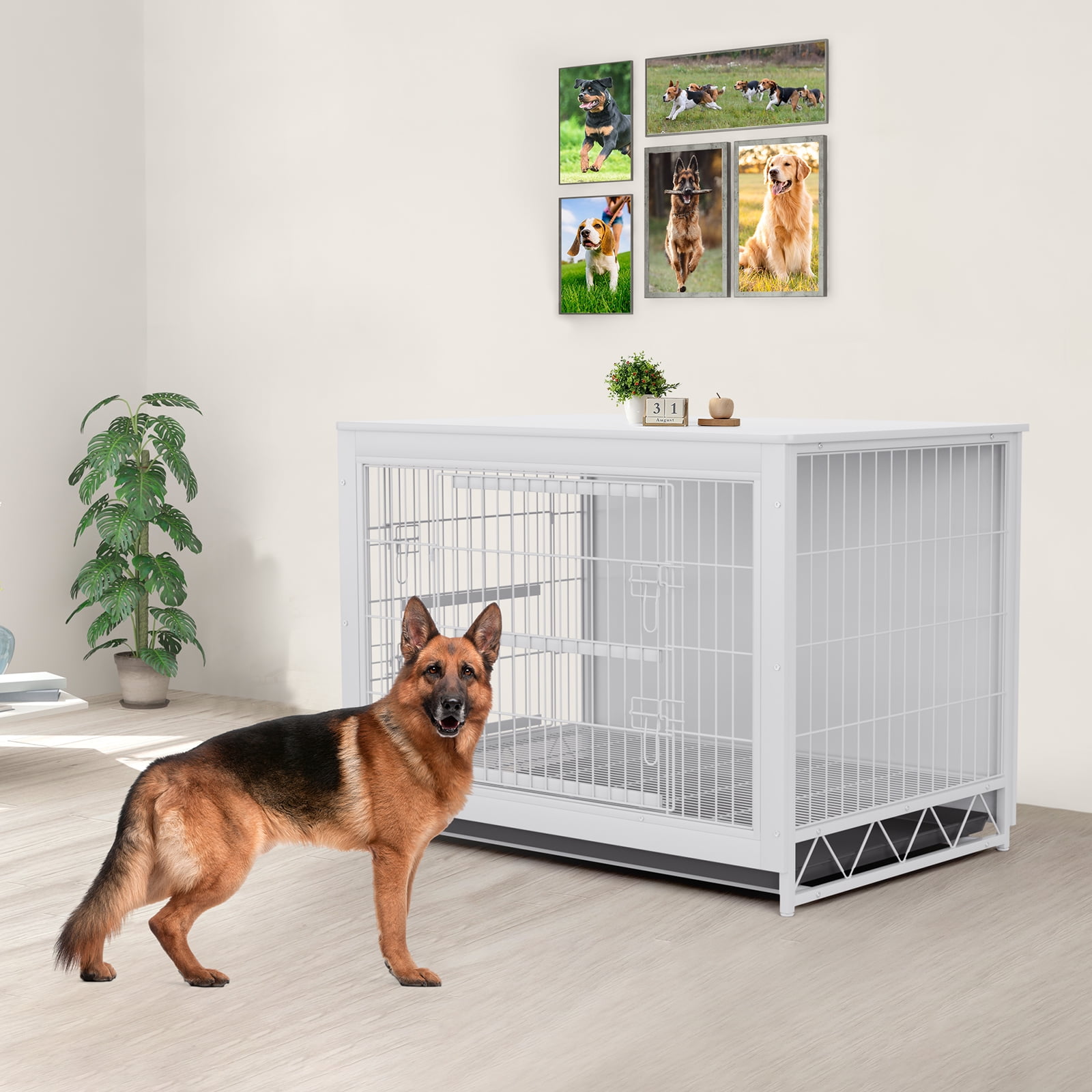 Arlopu 44.1'' Large Dog Crate Furniture, Wooden End Table Indoor Dog Kennel with Pull-Out Tray & Double Doors, Dog Cage for Small, Medium Large Dogs up to 80 lbs