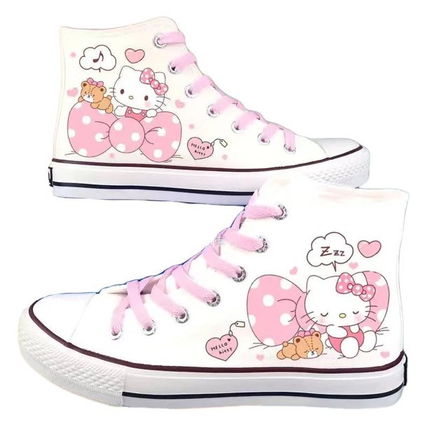 2024 Anime Sanrio Hello Kitty nuevo patrón de gato de dibujos animados zapatos de lona estampados estilo 2D zapatillas de deporte versátiles de moda para mujeres,Pattern white cat 7,35