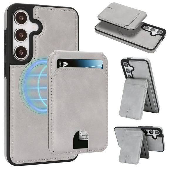 for Samsung Galaxy S25, Compatible with MagSafe, Magnetic 2 in 1 Detachable Wallet Case with Card Holder Women Men, Business PU Leather RFID Blocking Flip Kickstand Credit Slots, Gray
